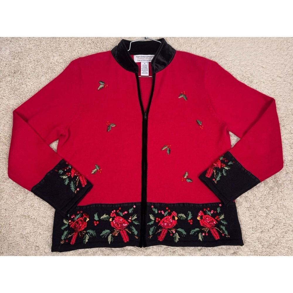 Tiara International Beaded Embroidered Cardinal Christmas Cardigan Sweater Sz XL